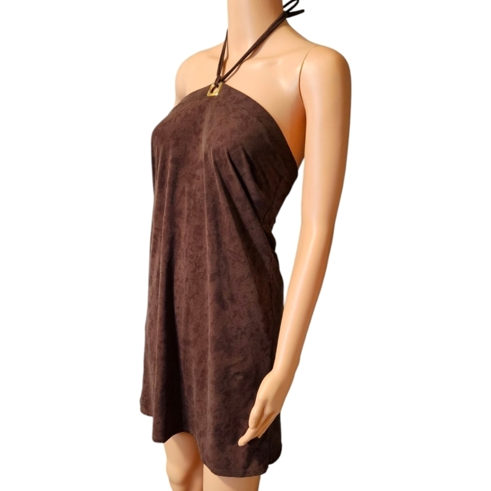 Womens Brown Halter Dress Sz 8 Suede-Look 00s Coastal Cowgirl Made In USA